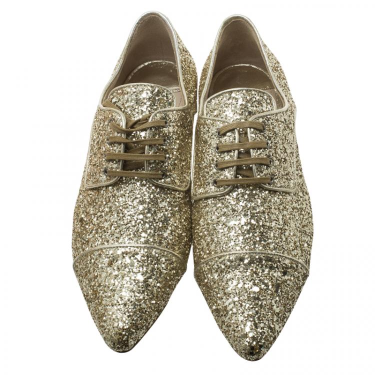 Pre Owned Miu Miu Gold Glitter Lace Up Oxfords Size 37