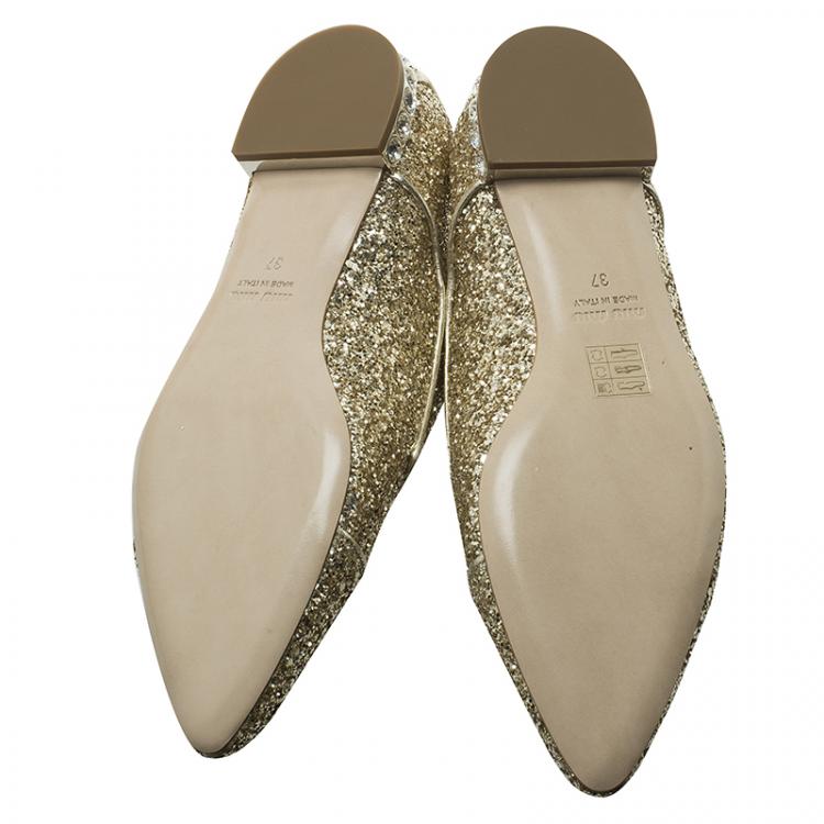 Pre Owned Miu Miu Gold Glitter Lace Up Oxfords Size 37