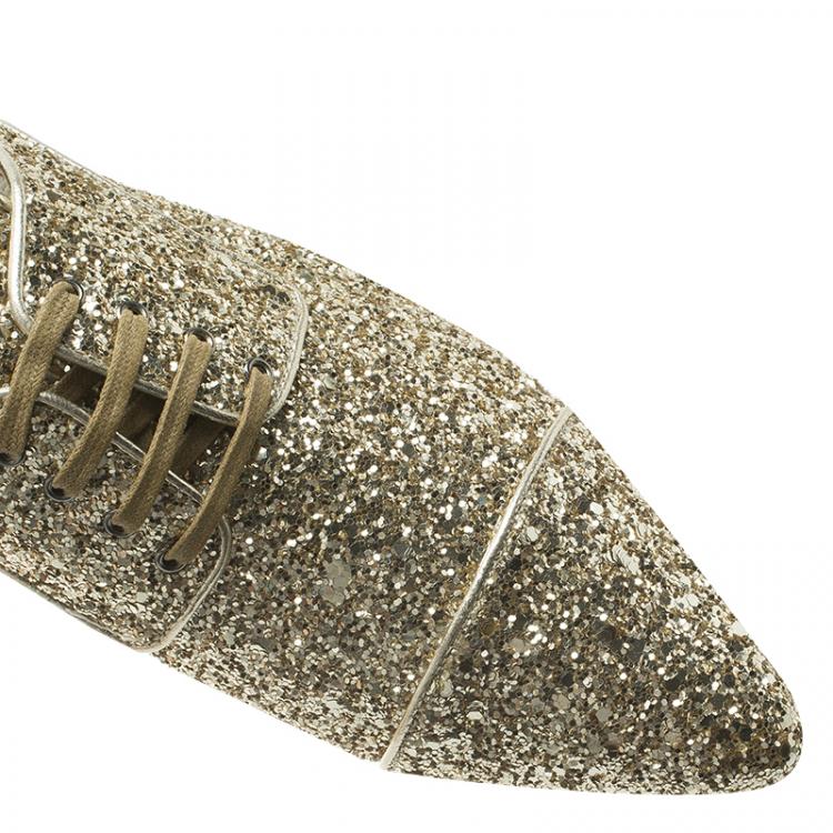 Pre Owned Miu Miu Gold Glitter Lace Up Oxfords Size 37