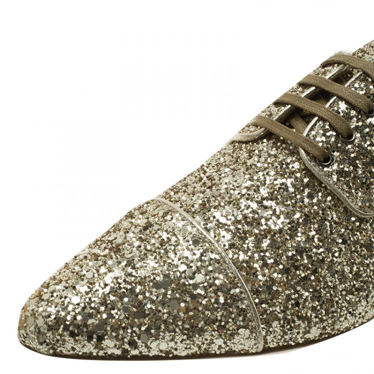 Pre Owned Miu Miu Gold Glitter Lace Up Oxfords Size 37