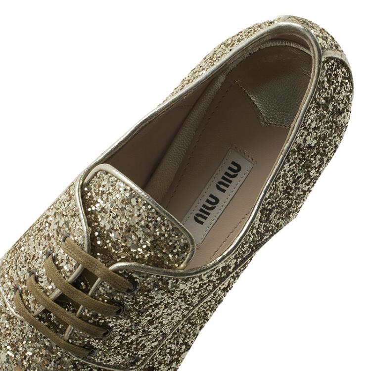 Pre Owned Miu Miu Gold Glitter Lace Up Oxfords Size 37