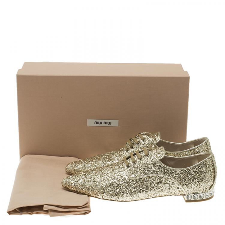 Pre Owned Miu Miu Gold Glitter Lace Up Oxfords Size 37