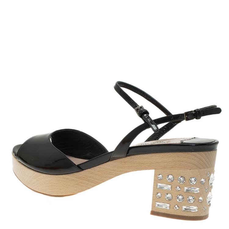Pre Owned Miu Miu Black Patent Crystal Embellished Wooden Platform Sandals Size 39