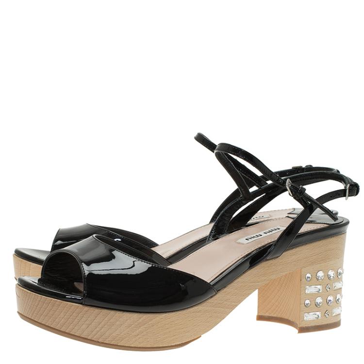 Pre Owned Miu Miu Black Patent Crystal Embellished Wooden Platform Sandals Size 39
