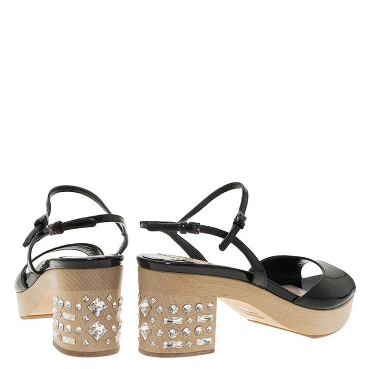 Pre Owned Miu Miu Black Patent Crystal Embellished Wooden Platform Sandals Size 39