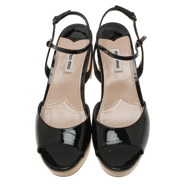 Pre Owned Miu Miu Black Patent Crystal Embellished Wooden Platform Sandals Size 39