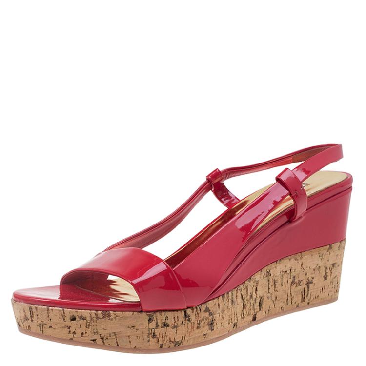 Pre Owned Miu Miu Red Patent Cork Slingback Wedges Sandals Size 39