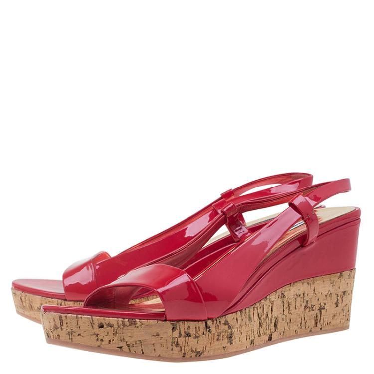 Pre Owned Miu Miu Red Patent Cork Slingback Wedges Sandals Size 39
