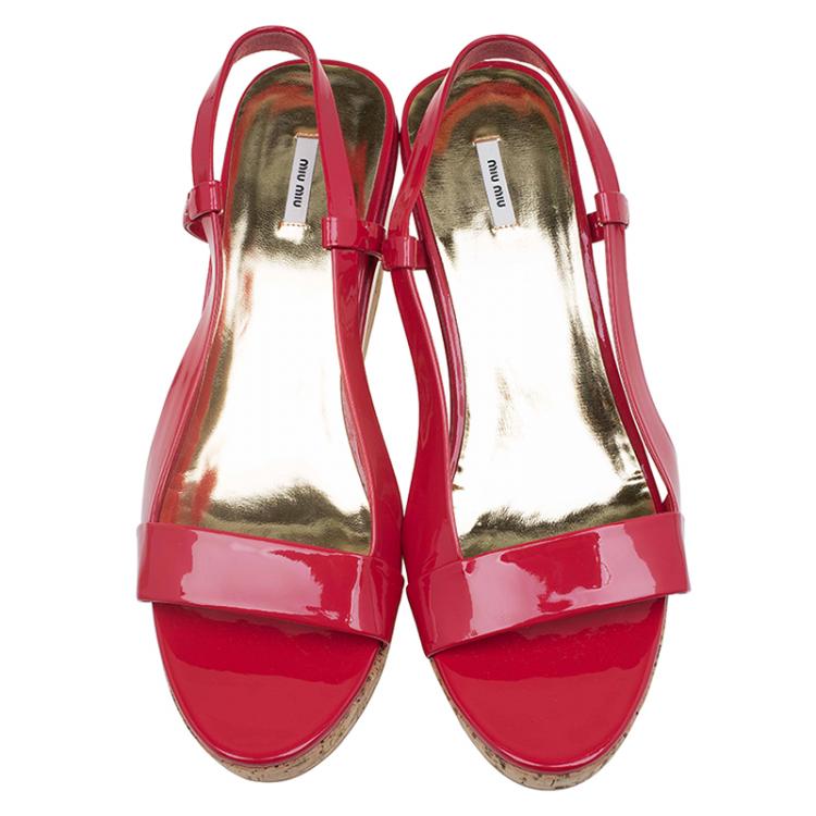 Pre Owned Miu Miu Red Patent Cork Slingback Wedges Sandals Size 39