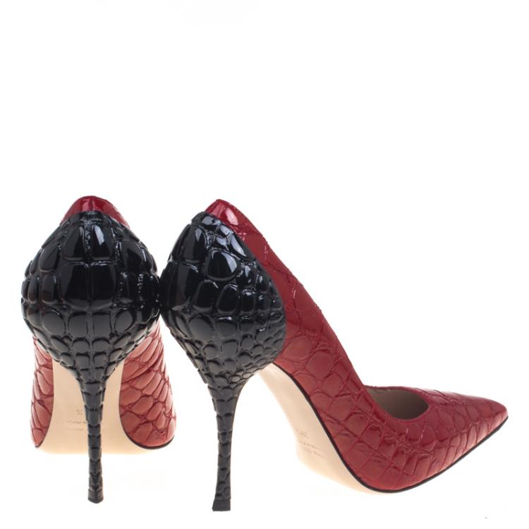 Pre Owned Miu Miu Red And Black Crocodile Leather Pointed Toe Pumps Size 39.5