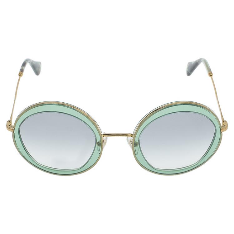 Pre Owned Miu Miu Green and Gold SMU 50Q Round Sunglasses