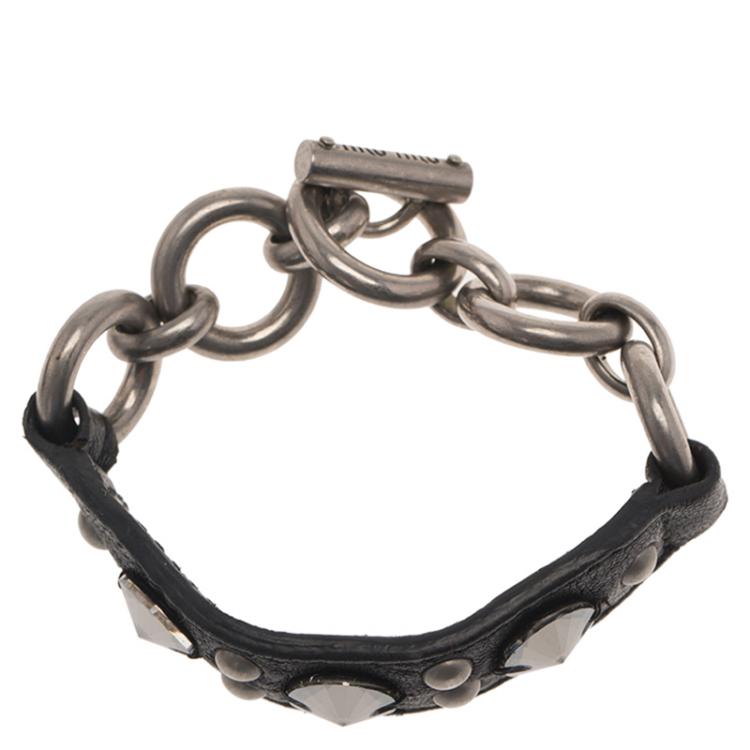 Pre Owned Miu Miu Crystal Studded Leather Chain Bracelet