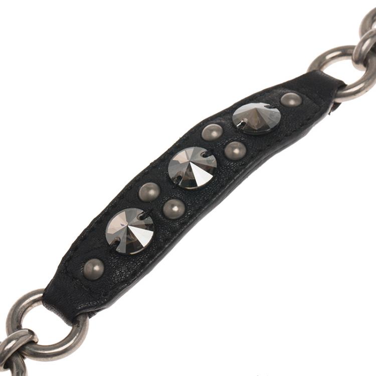 Pre Owned Miu Miu Crystal Studded Leather Chain Bracelet