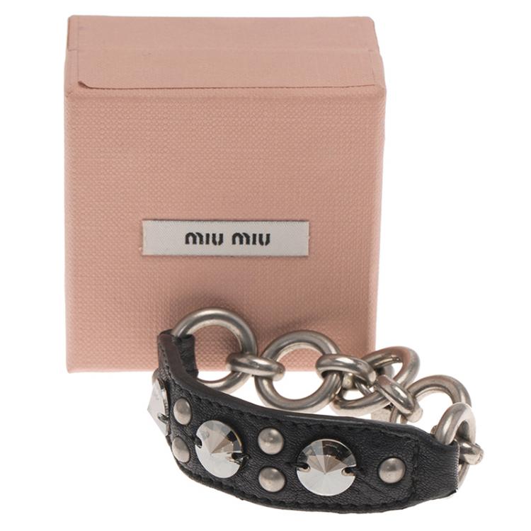 Pre Owned Miu Miu Crystal Studded Leather Chain Bracelet