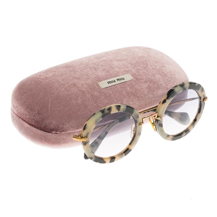 Pre Owned Miu Miu SMU13N Havana Sand Dark Brown Grey Round Sunglasses