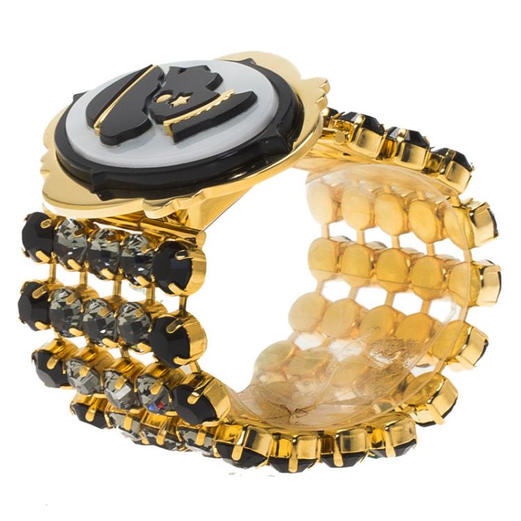 Pre Owned Miu Miu Plexiglass Cameo Crystal Embellished Gold Tone Wide Bracelet 17cm