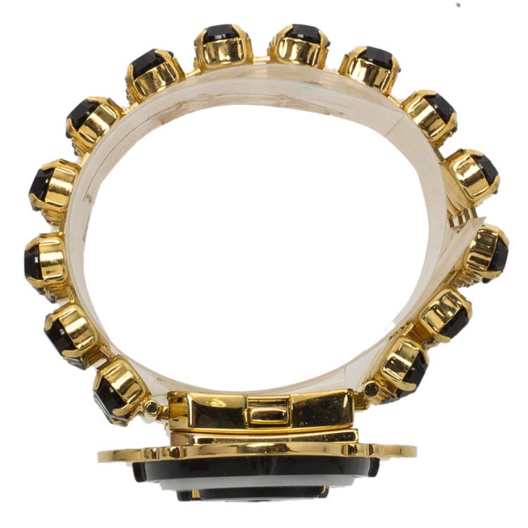 Pre Owned Miu Miu Plexiglass Cameo Crystal Embellished Gold Tone Wide Bracelet 17cm