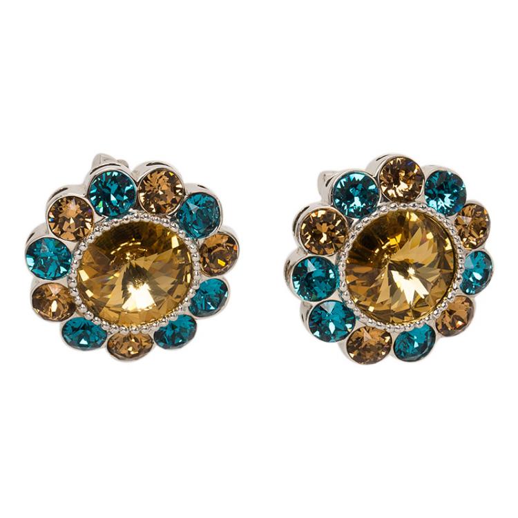 Pre Owned Miu Miu Brown & Blue Swarovski Crystals Flower Palladium Plated Clip-On Stud Earrings