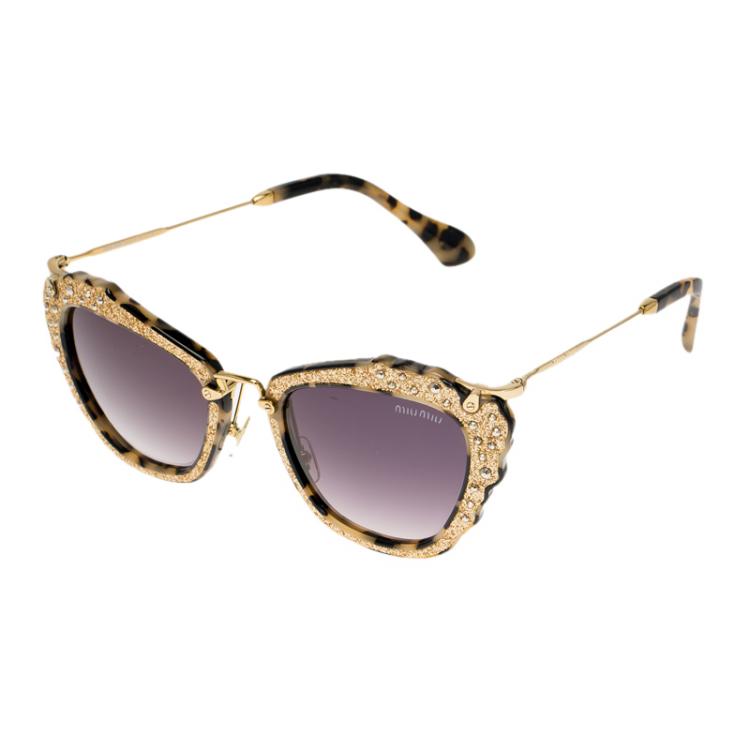Pre Owned Miu Miu Gold SMU 04Q Embellished Cat Eye Sunglasses