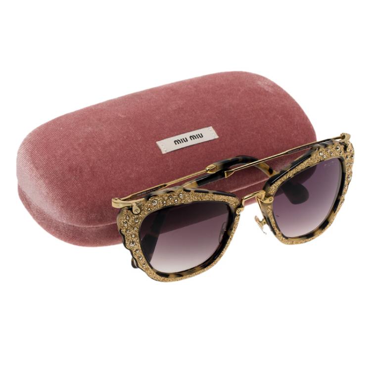 Pre Owned Miu Miu Gold SMU 04Q Embellished Cat Eye Sunglasses