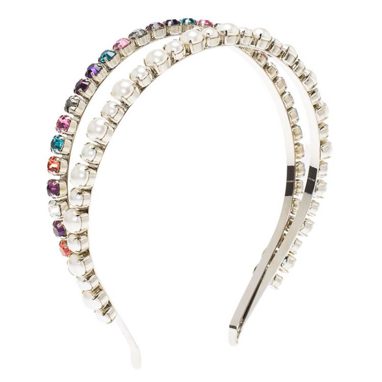 Pre Owned Miu Miu Faux Pearl and Multicolor Crystals Palladium Finish Metal Headband
