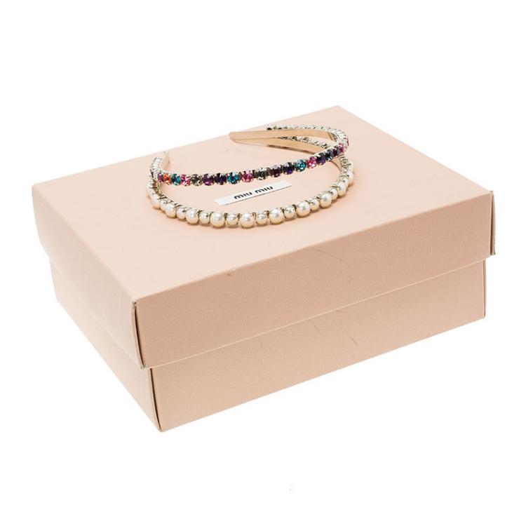 Pre Owned Miu Miu Faux Pearl and Multicolor Crystals Palladium Finish Metal Headband
