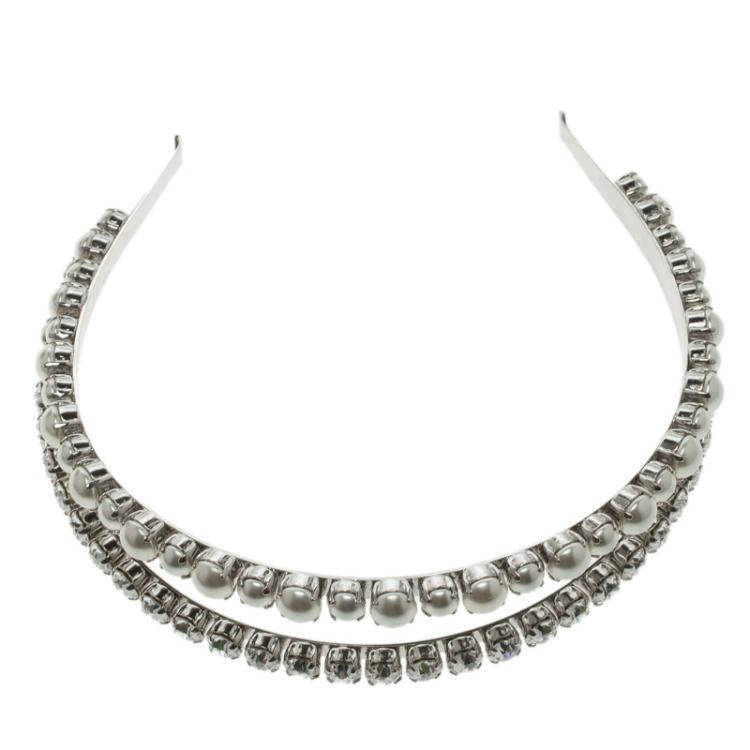 Pre Owned Miu Miu Classic Faux Pearl & Crystal Double Headband