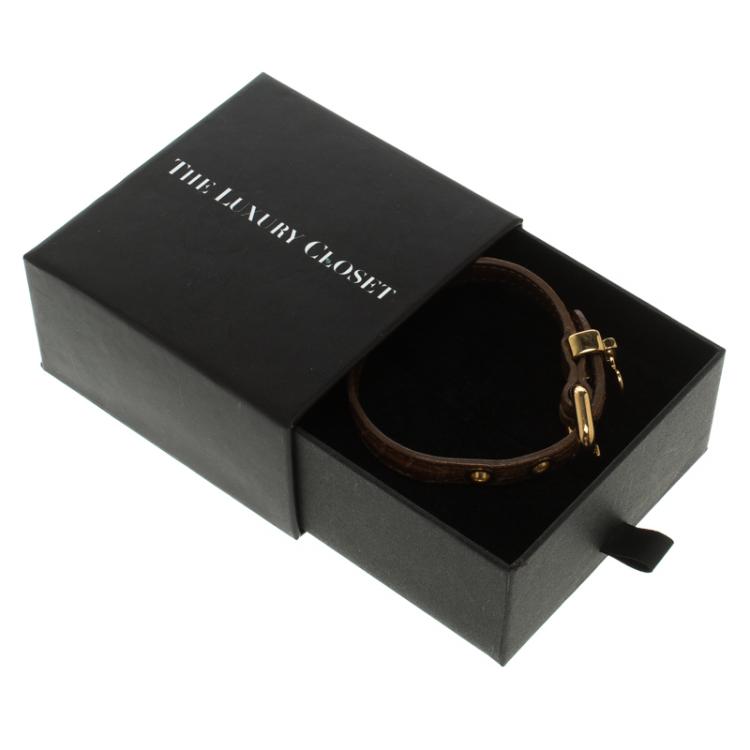 Pre Owned Miu Miu Brown Leather and Gold Tone Heart Charm Bracelet