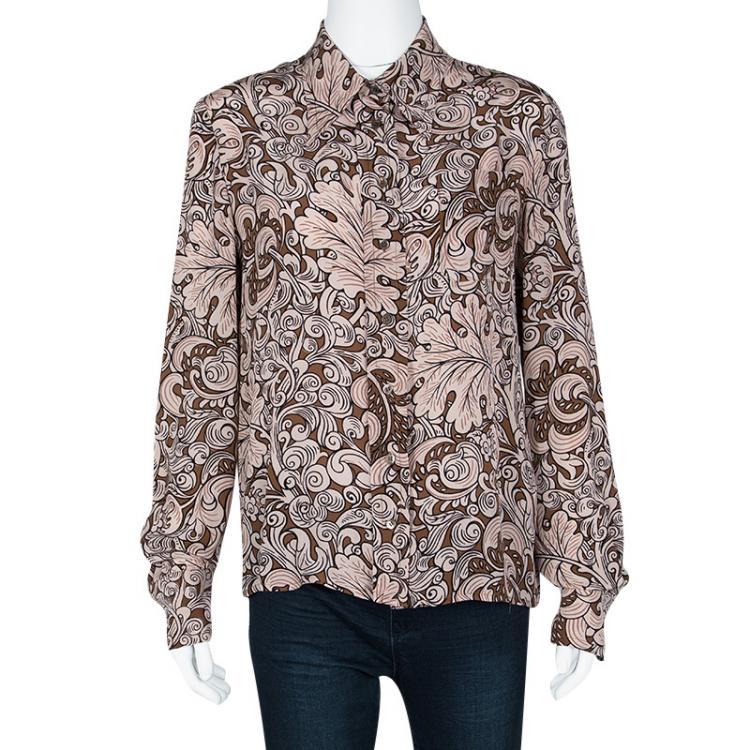 Pre Owned Miu Miu Brown Leaf Printed Silk Long Sleeve Shirt M