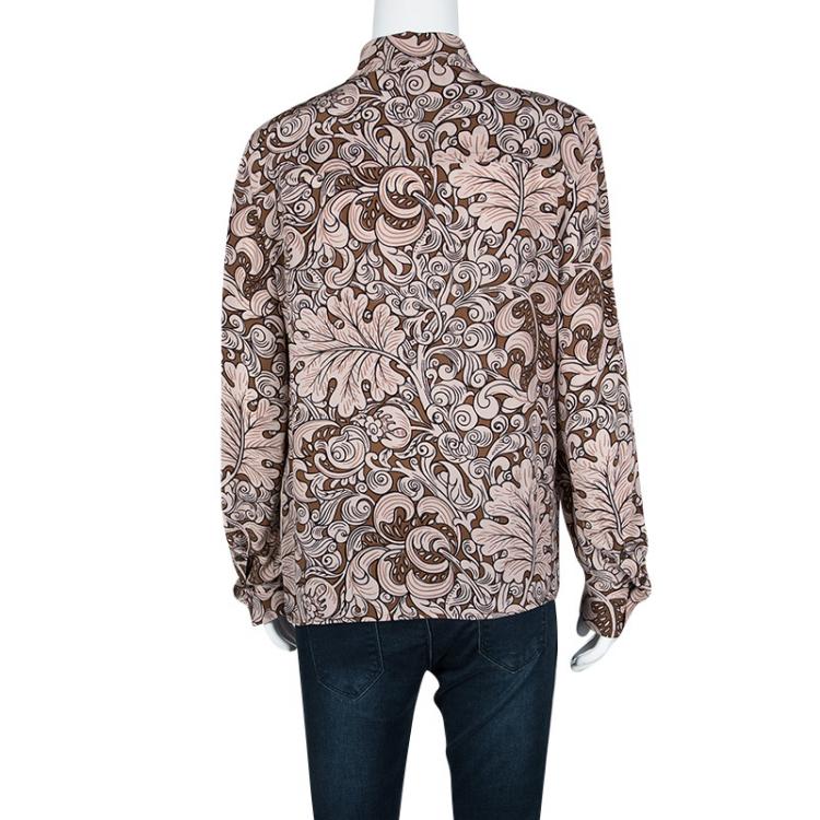 Pre Owned Miu Miu Brown Leaf Printed Silk Long Sleeve Shirt M