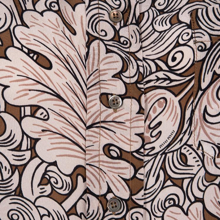 Pre Owned Miu Miu Brown Leaf Printed Silk Long Sleeve Shirt M
