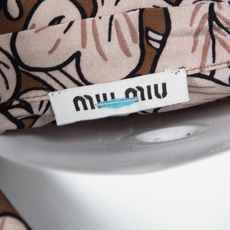 Pre Owned Miu Miu Brown Leaf Printed Silk Long Sleeve Shirt M