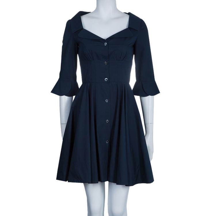 Pre Owned Miu Miu Navy Flared Buttondown Cotton Dress XS