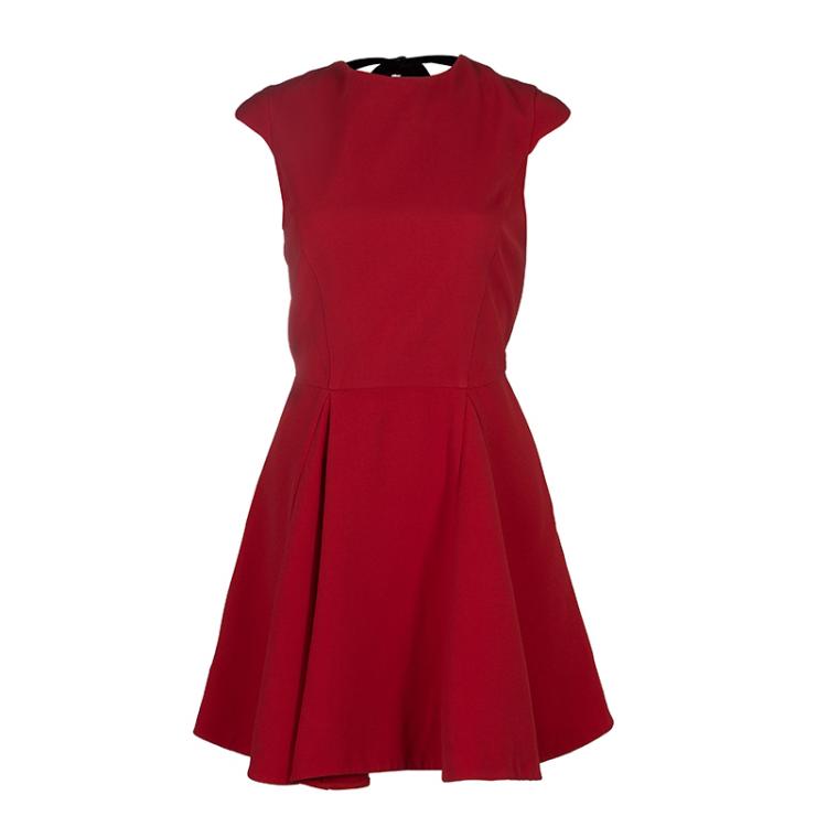 Pre Owned Miu Miu Red Backless Tie Detail Cap Sleeve Godet Dress S