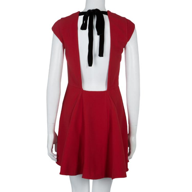 Pre Owned Miu Miu Red Backless Tie Detail Cap Sleeve Godet Dress S