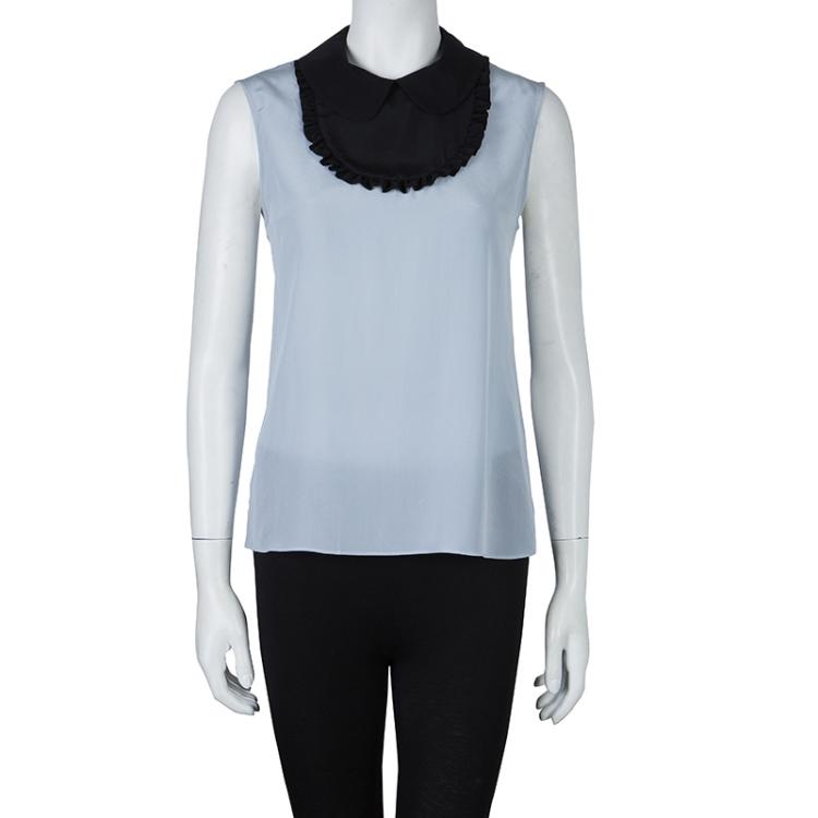 Pre Owned Miu Miu Grey Contrast Bib Detail Sleeveless Blouse  M