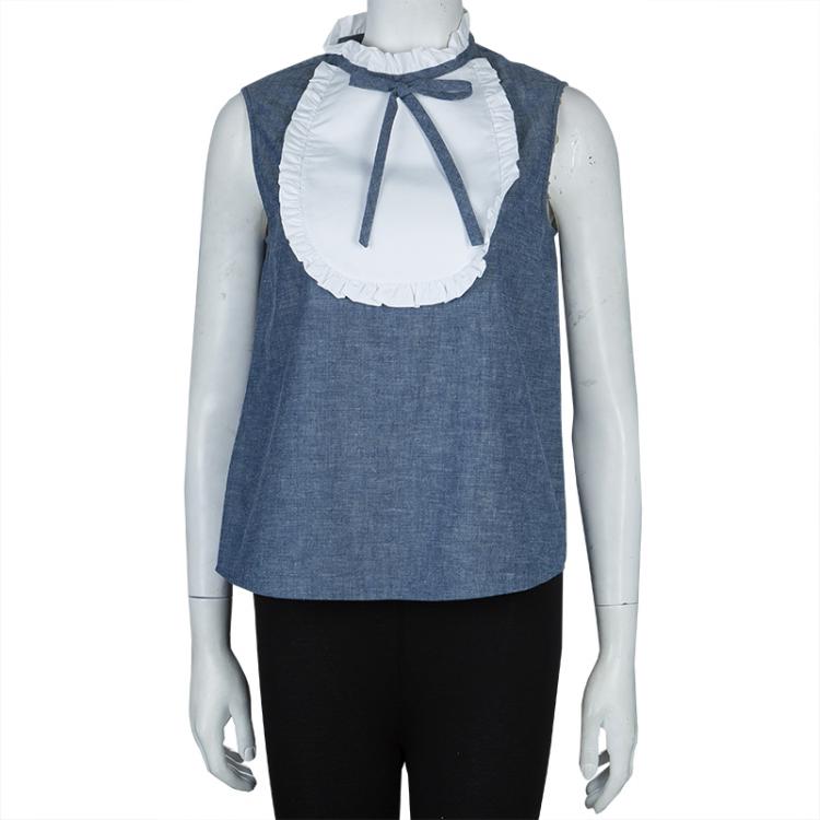 Pre Owned Miu Miu Blue Cotton Chambray Contrast Bib Sleeveless Top M