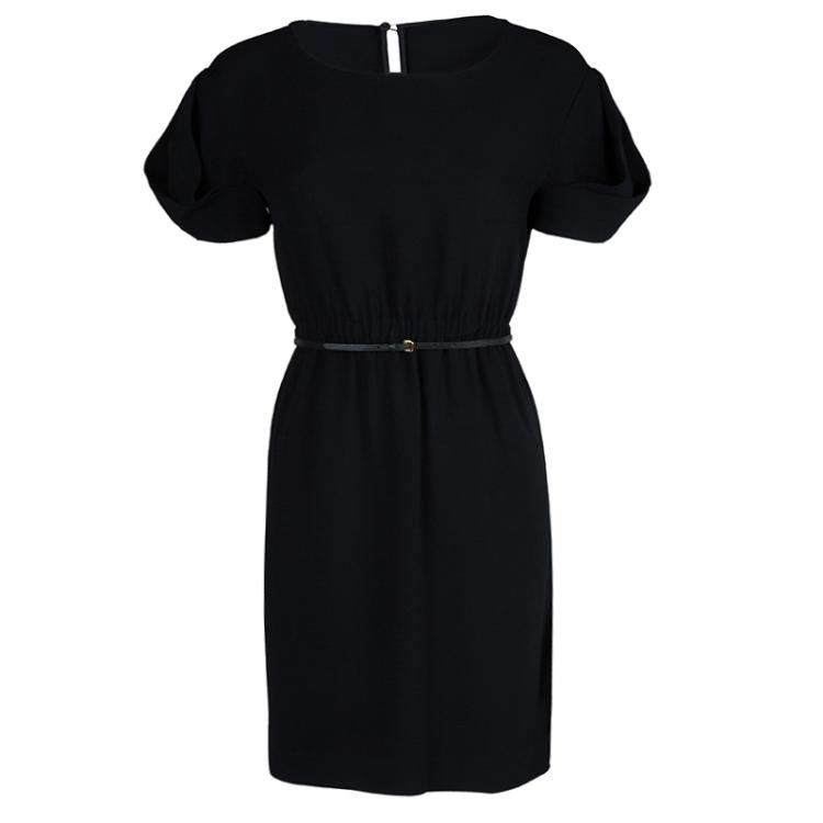 Pre Owned Miu Miu Black Short Sleeve Gathered Belted Dress S