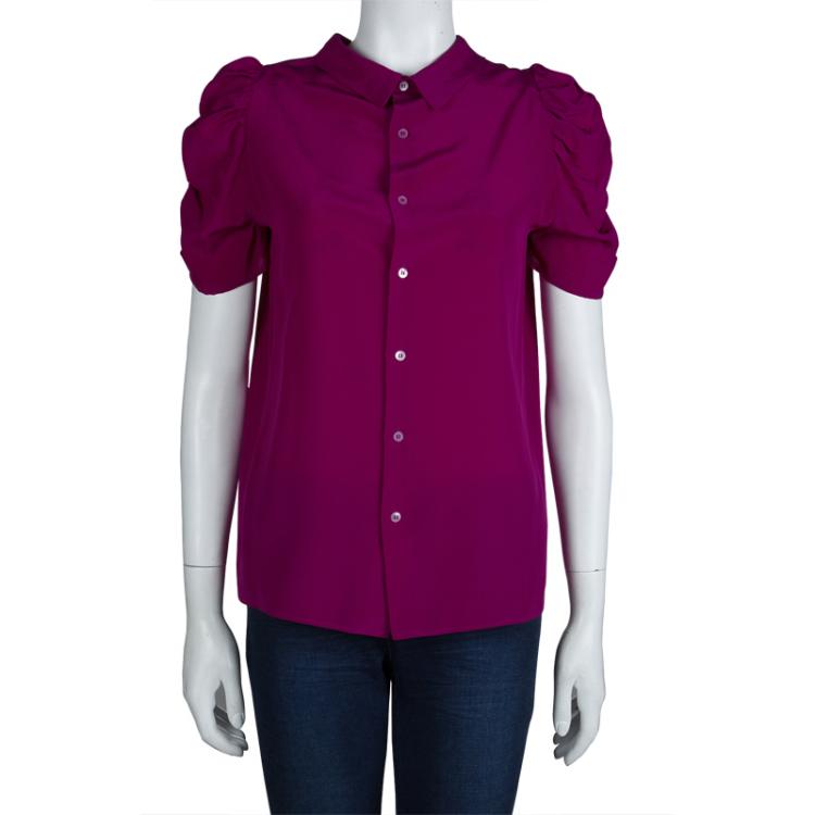Pre Owned Miu Miu Pink Silk Ruched Short Sleeve Blouse  M
