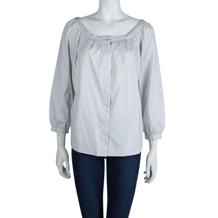 Pre Owned Miu Miu Grey Cotton Gathered Long Sleeve Blouse L