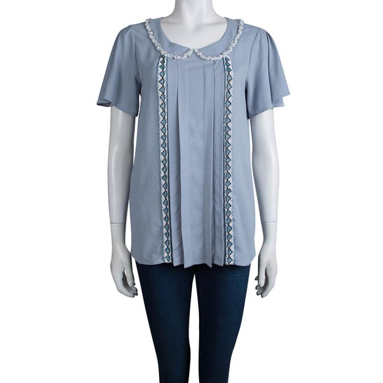 Pre Owned Miu Miu Grey Embellished Beadwork Detail Blouse S