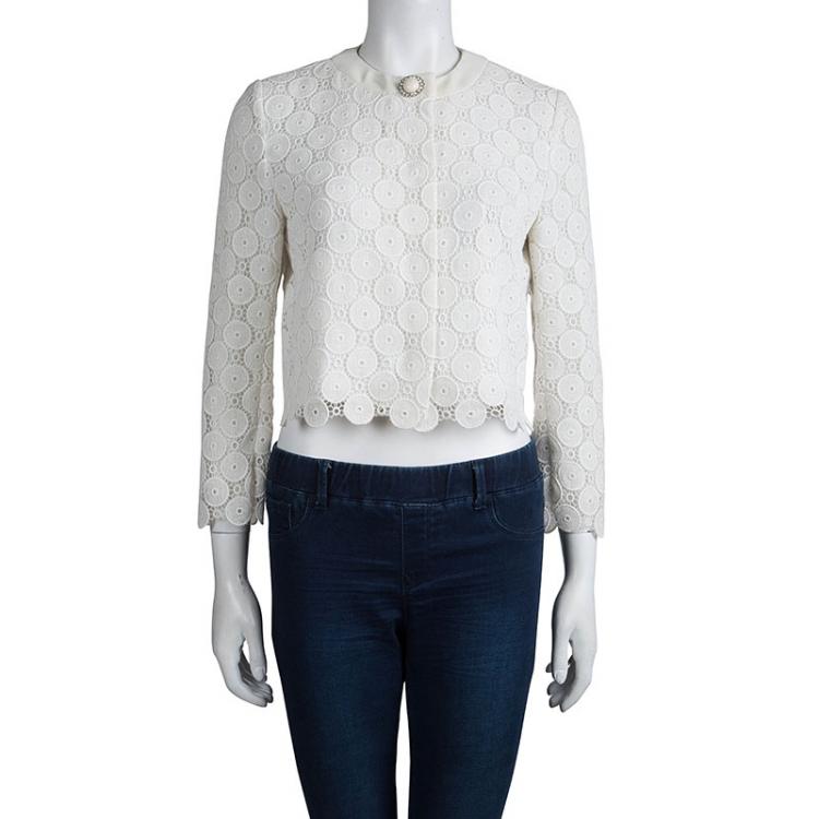Pre Owned Miu Miu Cream Lace Cropped Jacket M