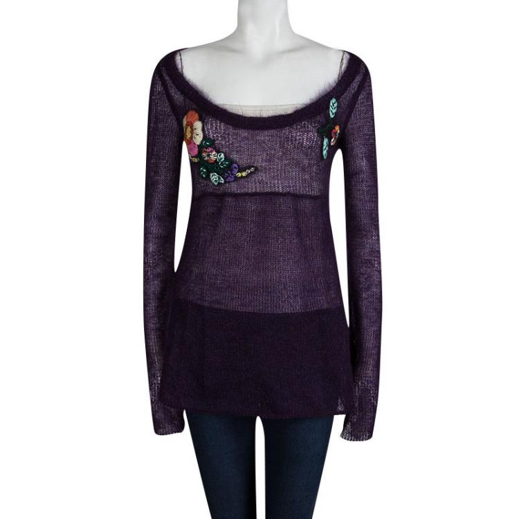 Pre Owned Miu Miu Purple Mohair Loose Knit Embroidered Sweater M