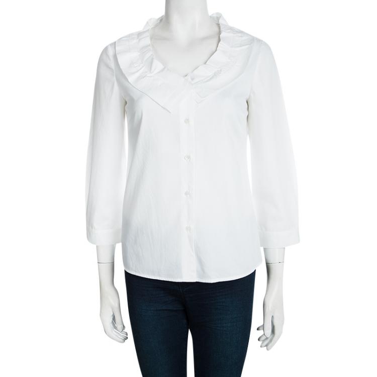 Pre Owned Miu Miu White Cotton Ruffled Collar Detail Shirt S