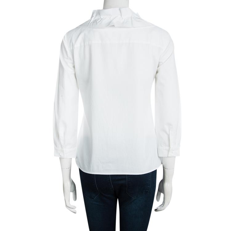 Pre Owned Miu Miu White Cotton Ruffled Collar Detail Shirt S