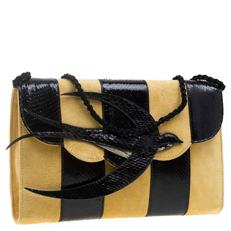 Pre Owned Miu Miu Yellow/Black Python and Suede Bird Clutch
