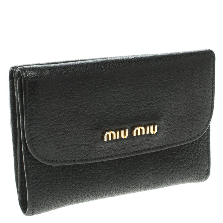 Pre Owned Miu Miu Black Leather Madras Compact Wallet