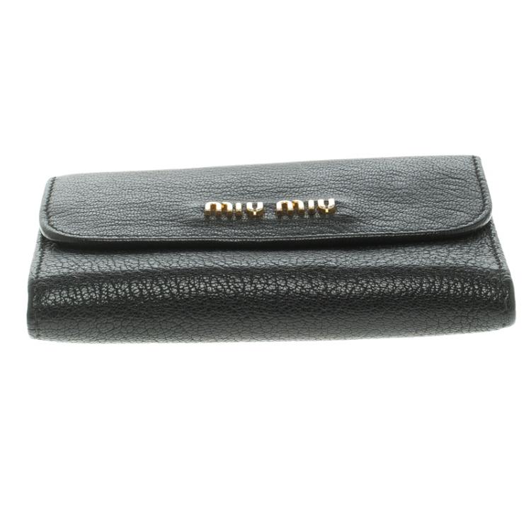Pre Owned Miu Miu Black Leather Madras Compact Wallet