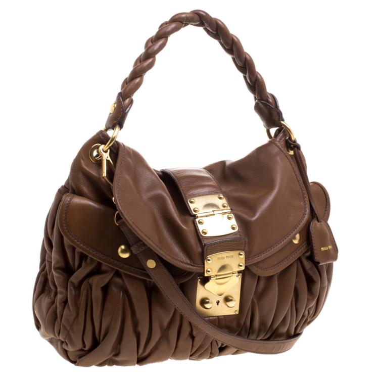 Pre Owned Miu Miu Brown Matelasse Lux Leather Coffer Hobo