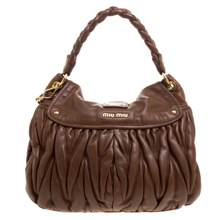 Pre Owned Miu Miu Brown Matelasse Lux Leather Coffer Hobo